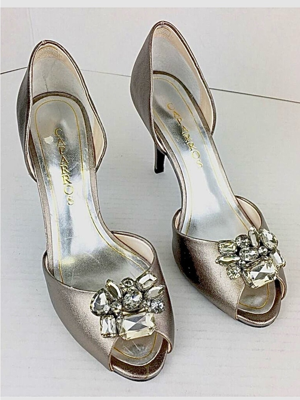 Caparros Veranda embellished metallic peep toe heels